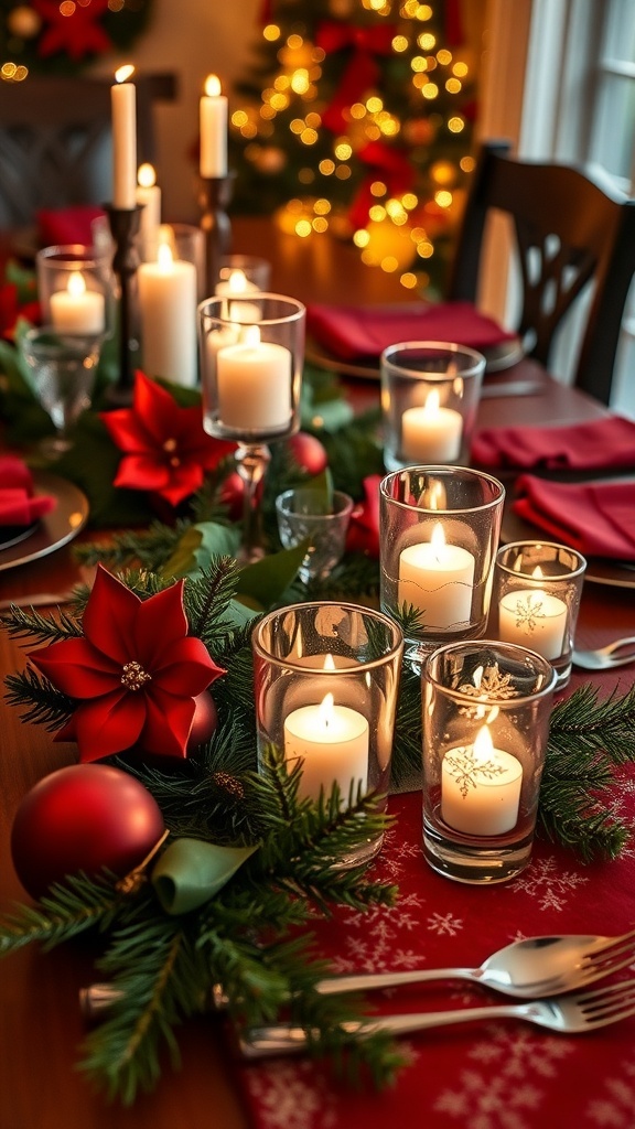 Elegant Christmas table with tea lights, greenery, and festive decorations.